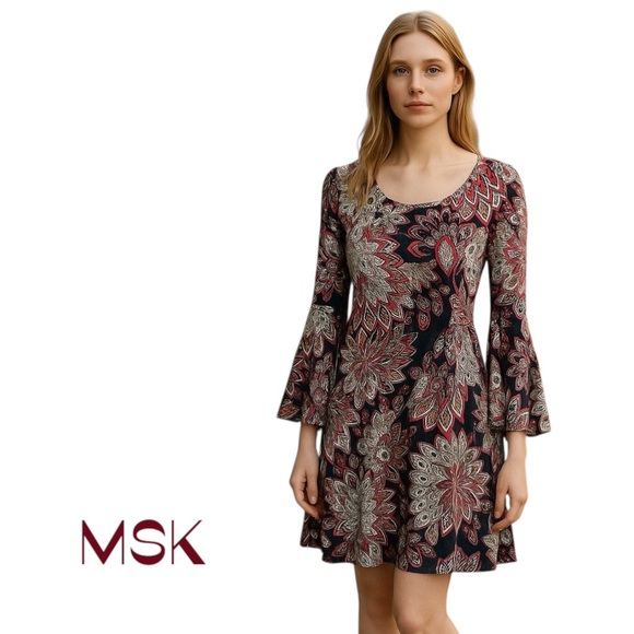 MSK Women's Black Red Bold Floral Bell Sleeve Hippie Boho Chic Dress NWOT Size S - Picture 1 of 11